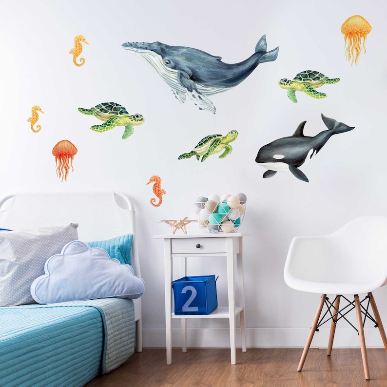 Illustrated Sea life Watercolor Wall Decal Kit Whale & Sea Turtle Wall Decal by Chromantics image 2