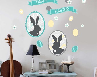 Happy Easter Wall Decal Set- Easter Bunny Wall Decal by Chromantics