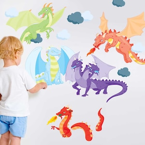 May include: Five colorful dragon wall decals with clouds. The dragons are green, blue, purple, red, and orange. The decals are perfect for a child's room or nursery.