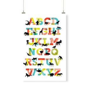 May include: A colorful alphabet poster with each letter featuring a different animal silhouette. The letters are in a bold, geometric font with a mix of red, yellow, blue, and green colors.