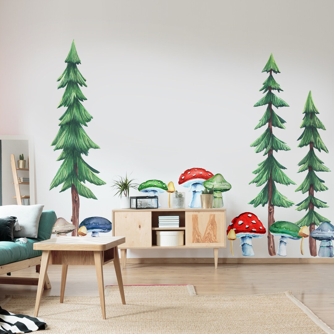 Set of Three Pine Trees and Mushroom Watercolor Wall Decals- Forest ...