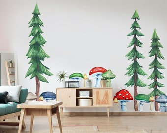 Set of Three Pine Trees and Mushroom Watercolor Wall Decals- Forest themed decal Bundle by Chromantics