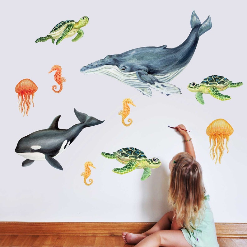 Illustrated Sea life Watercolor Wall Decal Kit Whale & Sea Turtle Wall Decal by Chromantics image 4