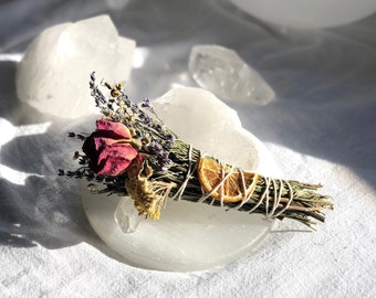 Rosemary Rose Flower herbal bundle smudge yarrow lavender cleansing ritual home blessing aura cleanse wedding gift ceremony