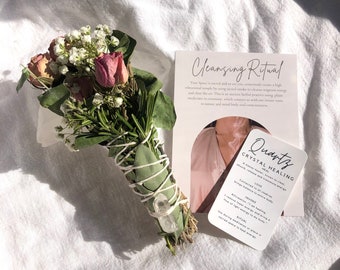 Sage Rosemary Rose Flower herbal bundle smudge Eucalyptus quartz crystal cleansing ritual home blessing aura cleanse wedding gift ceremony