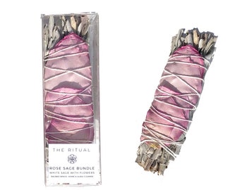 Rose Sage Bundle light pink rose white sage smudge stick smudging ritual cleansing sacred space high vibrational positive energy spiritual