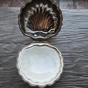 Vintage Metal Oyster Clamshell Butter Dish With Opaque Glass Shell Lidded Shell Scallop Design Silver Plated Butter Dish