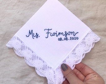 Personalized Wedding Handkerchief Bride, Bridal Shower Gift for Bride, Wedding Hankie, Something Blue for Bride, Something Old Something New