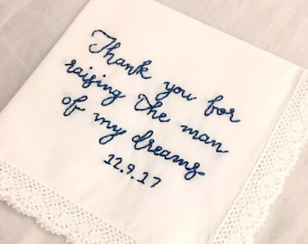 Embroidered Mother of the Groom Quote on a White Handkerchief, Parent Wedding Keepsake Gift