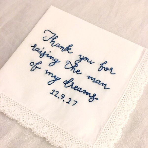 Embroidered Mother of the Groom Quote on a White Handkerchief, Parent Wedding Keepsake Gift