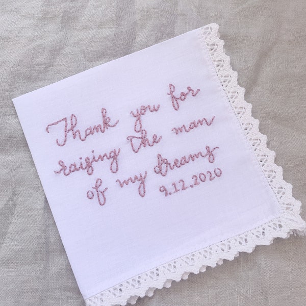 Hand embroidered handkerchief | Hanky for wedding day | Mother of the groom quote | Wedding gift for mother in law | Father of the groom