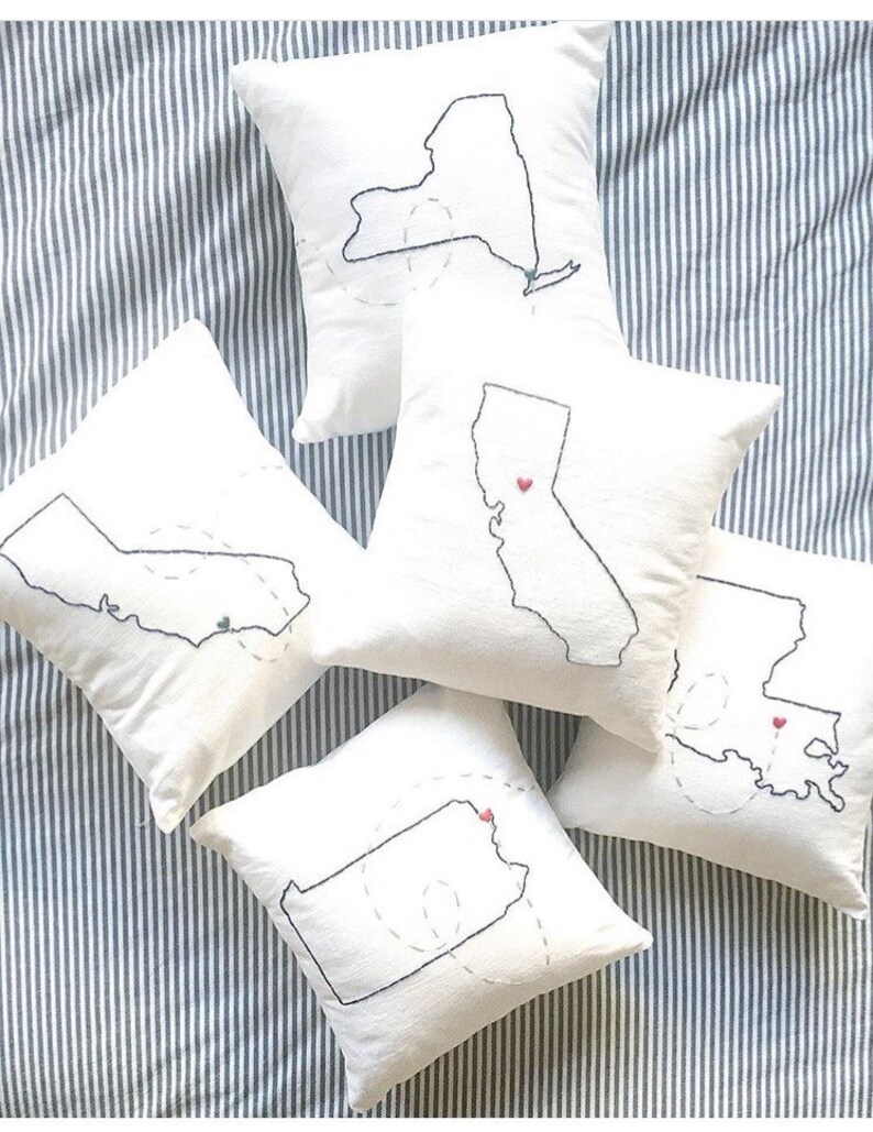 Hand Embroidered State Pillows 2 Map Pillows Long Distance Etsy