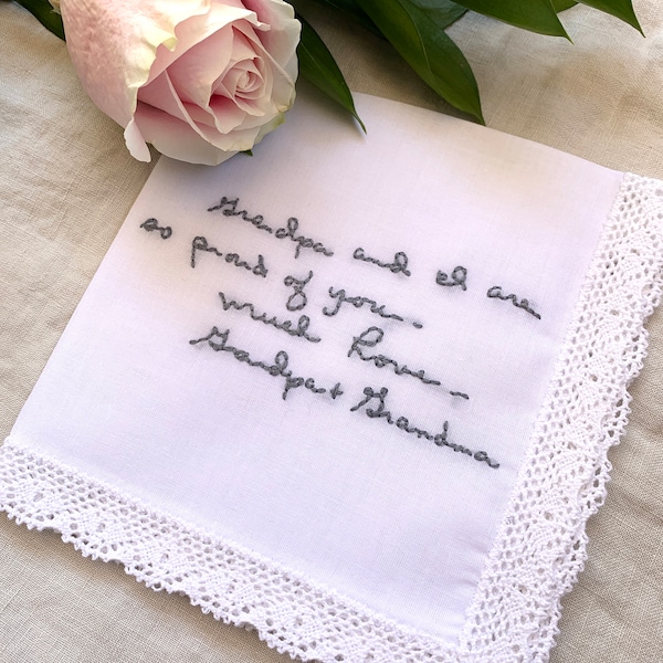 Custom Handwritten Embroidered Wedding Handkerchief for the Bride, Special Message Hanky, Something Blue, Bridal Handkerchief, Wedding Hanky