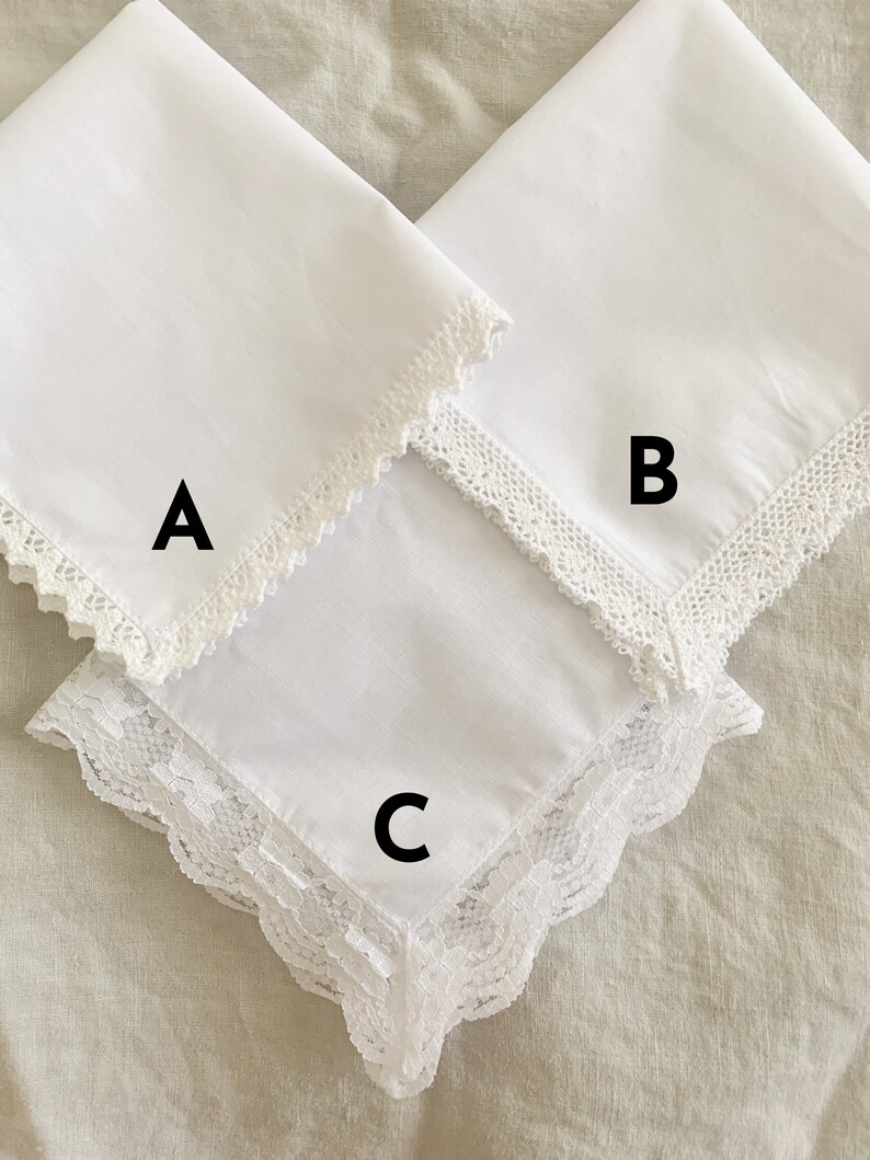 Image shows the three options of hanky styles, each with a letter on it for identification purposes.