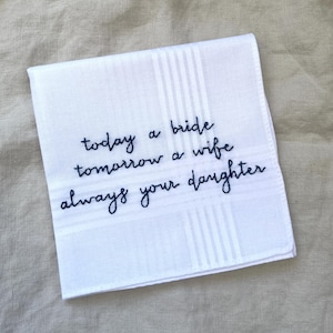 Handkercheif wedding gift for mother of the bride | Mom quote embroidered on white lace hanky | Wedding day gift for mom and dad