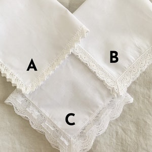 Image shows the three options of hanky styles, each with a letter on it for identification purposes.