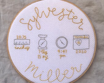 Baby Keepsake Hoop, Birth Announcement Wall Art, Baby Nursery Decor, Kids Decor, Birth Wall Art, Birth Information, Baby Birth Information