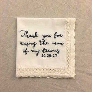 Embroidered Mother of the Groom Quote on a White Handkerchief, Parent Wedding Keepsake Gift Hanky D: Dreams+Date