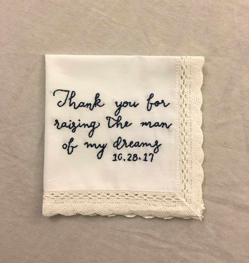 Embroidered Mother of the Groom Quote on a White Handkerchief, Parent Wedding Keepsake Gift Hanky D: Dreams+Date