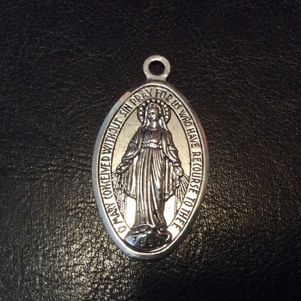 Large Miraculous Medal charms Antique Silver finish double sided with prayer 2" Perfect for Men's jewelry