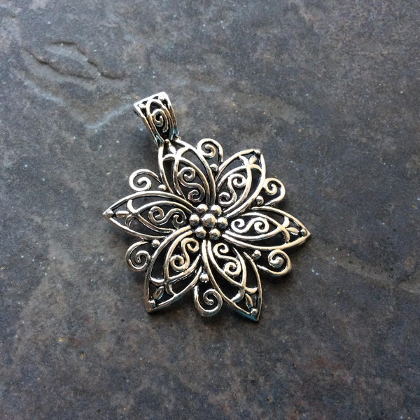 CLEARANCE Large Filigree Flower pendant perfect for leather cords and jewelry making Beautiful Quality