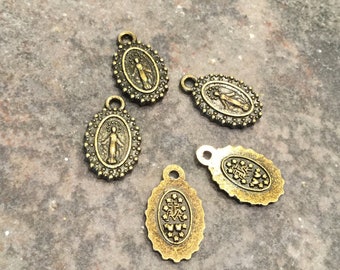 CLEARANCE Bronze Miraculous Medal Charms package of 5 small charms double sided Mother Mary Virgin Mary charms Religious charms