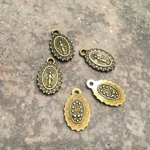 CLEARANCE Bronze Miraculous Medal Charms package of 5 small charms double sided Mother Mary Virgin Mary charms Religious charms
