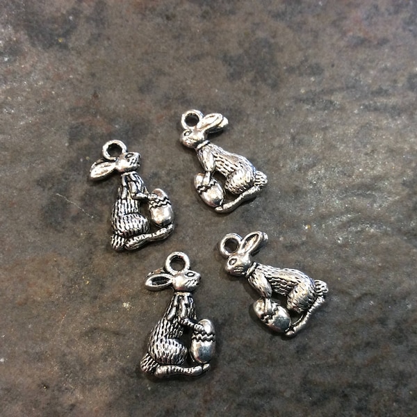 Easter Bunny Charms with Easter Egg detail package of 4 antique silver charms  Spring charms Easter charms