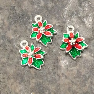 Poinsettia Flower charms in red and green enamel finish package of 3 Christmas flower charms perfect for adjustable bracelets Christmas