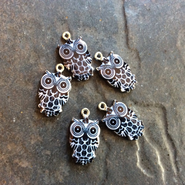 Colorful Black and White Owl Charms with silver finish Package of 5 charms for jewelry making Fall colors