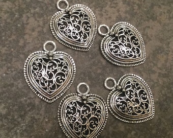 CLEARANCE Filigree Heart Charms package of 5 with cutout detail and filigree design