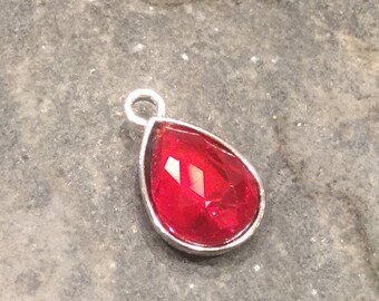 Ruby red Bezel Set Faceted Rhinestone Charms Teardrop Shaped Faceted Pendants  in Silver finish