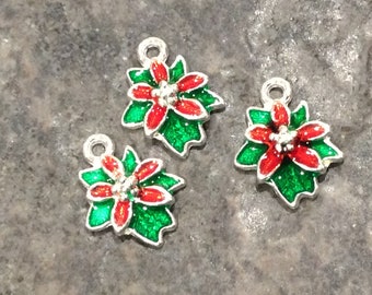 Poinsettia Flower charms in red and green enamel finish package of 3 Christmas flower charms perfect for adjustable bracelets Christmas
