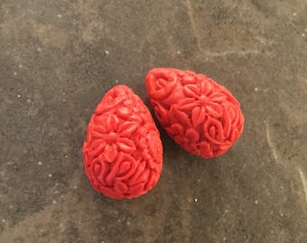 Cinnabar Teardrop beads Package of  2 beads Red Chinese carved beads