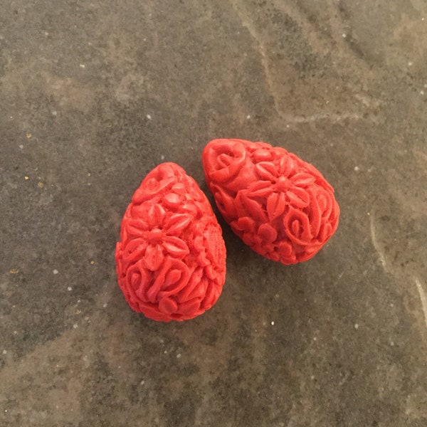 Cinnabar Teardrop beads Package of  2 beads Red Chinese carved beads