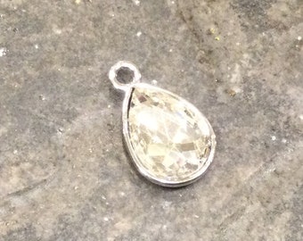 Bezel Set Faceted Rhinestone Charms  April birthstone Teardrop Shaped Faceted Pendants in Silver finish