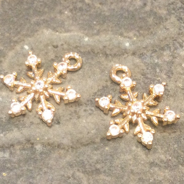 Rhinestone Snowflake Charms package of 2 in light gold finish perfect for pendants and earrings