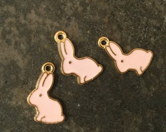 Pink Easter Bunny Charms package of 5 light gold charms with enamel detail Spring charms Easter charms