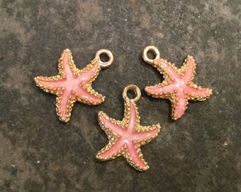 Gold Starfish charms with coral pink enamel finish Package of 3 charms Beach theme charms