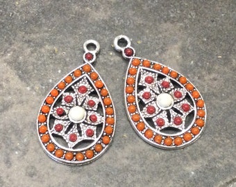 Teardrop shape White Turquoise and Carnelian color antique silver pendants  perfect for jewelry making