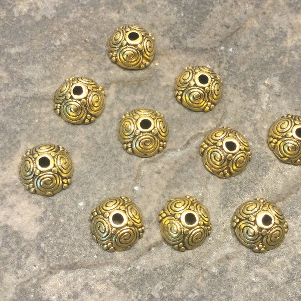 Ornate Antique Gold finish Bead Caps 8mm beautifully detailed set of 10 bead caps