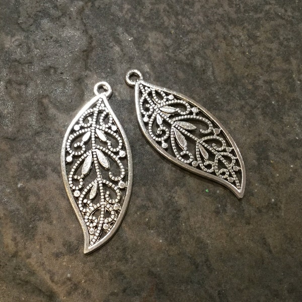 Large Filigree Leaf Charm pendants in shiny antique silver finish Package of 2 charms Perfect for Fall Jewelry