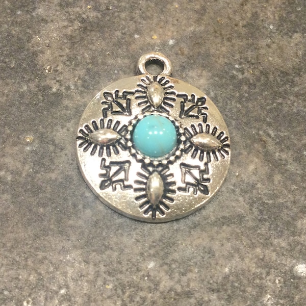 Turquoise round shaped pendants Package of 1 Turquoise resin silver focal pendants for jewelry making