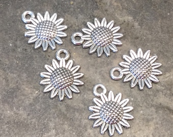 Antique Silver Sunflower charms package of 5 three dimensional puffed flower charms perfect for adjustable bangle bracelets