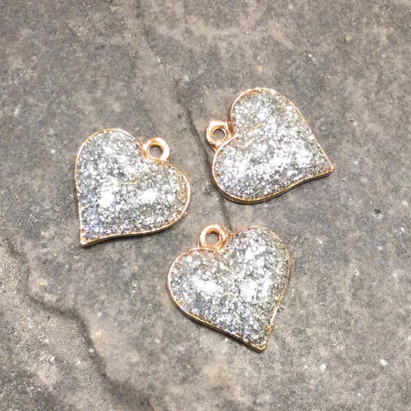 Silver Glitter heart charms with gold finish package of 3 charms Great for Valentine’s Day!