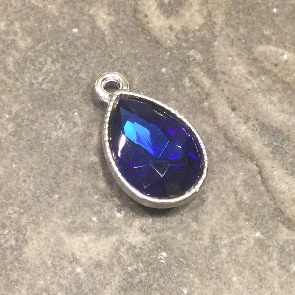 Sapphire blue Bezel Set Faceted Rhinestone Charms Teardrop Shaped Faceted Pendants  in Silver finish