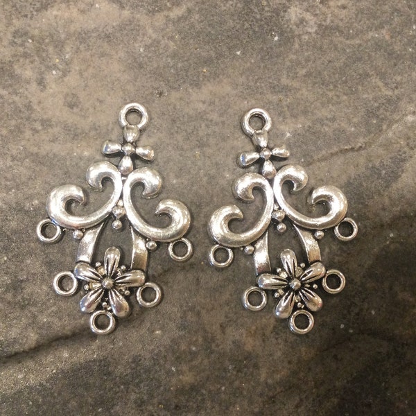 Antique Silver Filigree Chandelier Earring Findings with flower detail  Package of 2 classic earring Connectors