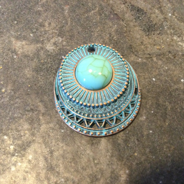 Copper patina pendant charms with Turquoise cabochon Focal pendants for jewelry making Copper charms and pendants