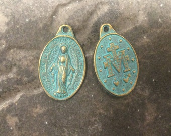 Miraculous Medal Charms with Verdigris Patina package of 2 0ne inch charms Mother Mary Virgin Mary charms Religious charms