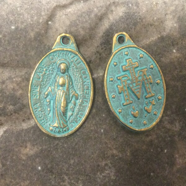 Miraculous Medal Charms with Verdigris Patina package of 2 0ne inch charms Mother Mary Virgin Mary charms Religious charms